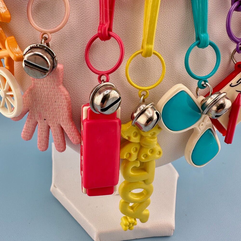 1980s Vintage Bell Clip Charm Necklace 19 Plastic Charms Pink Chain Retro Kid - Picture 4 of 14